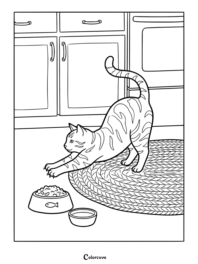 A ginger tabby cat stretching on a round rug in a kitchen next to food and water bowls, printable coloring page.