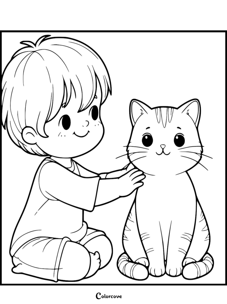 A young boy with messy hair sitting on the floor and gently petting a striped ginger cat in this printable coloring page.