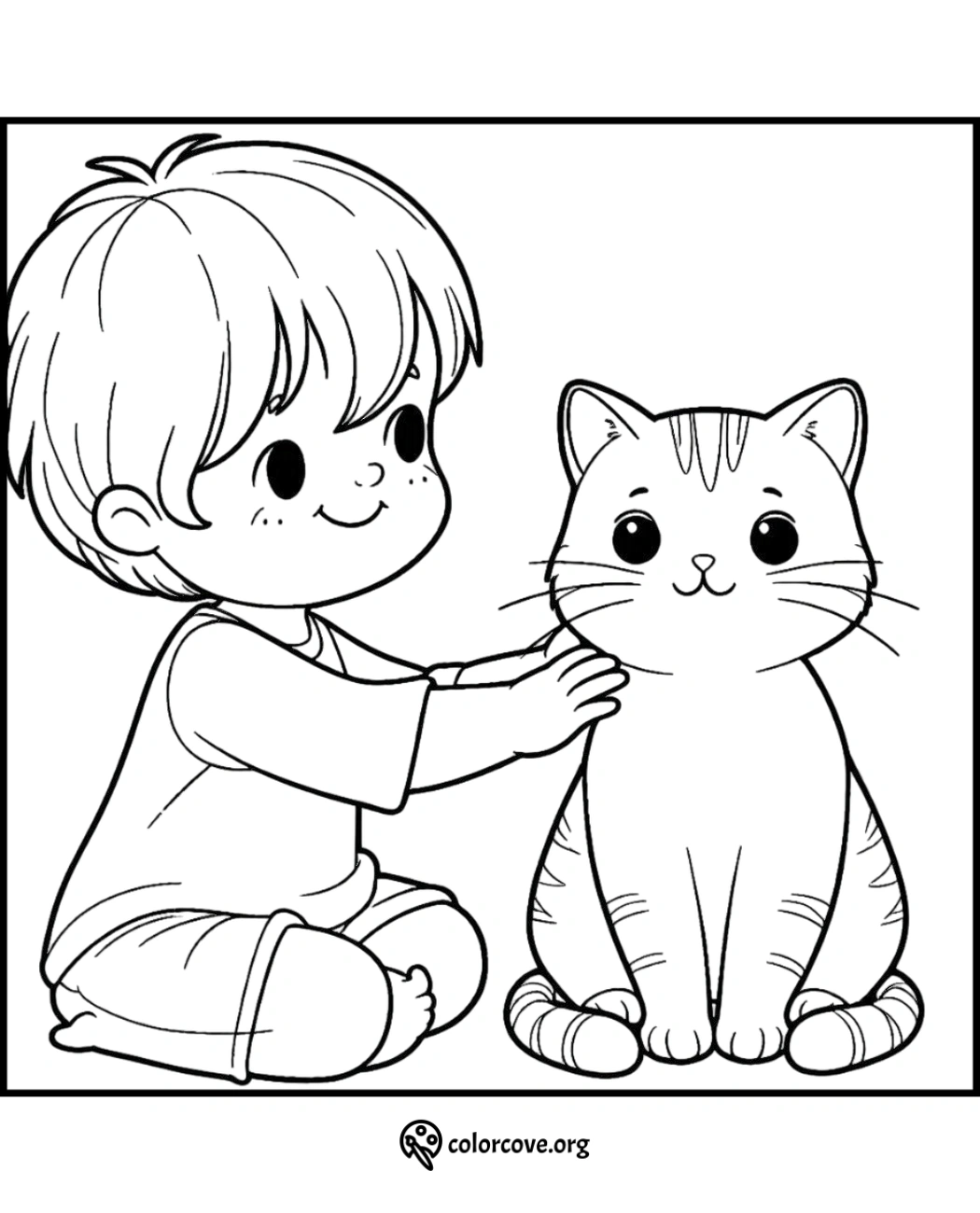 a cartoon of a boy petting a cat