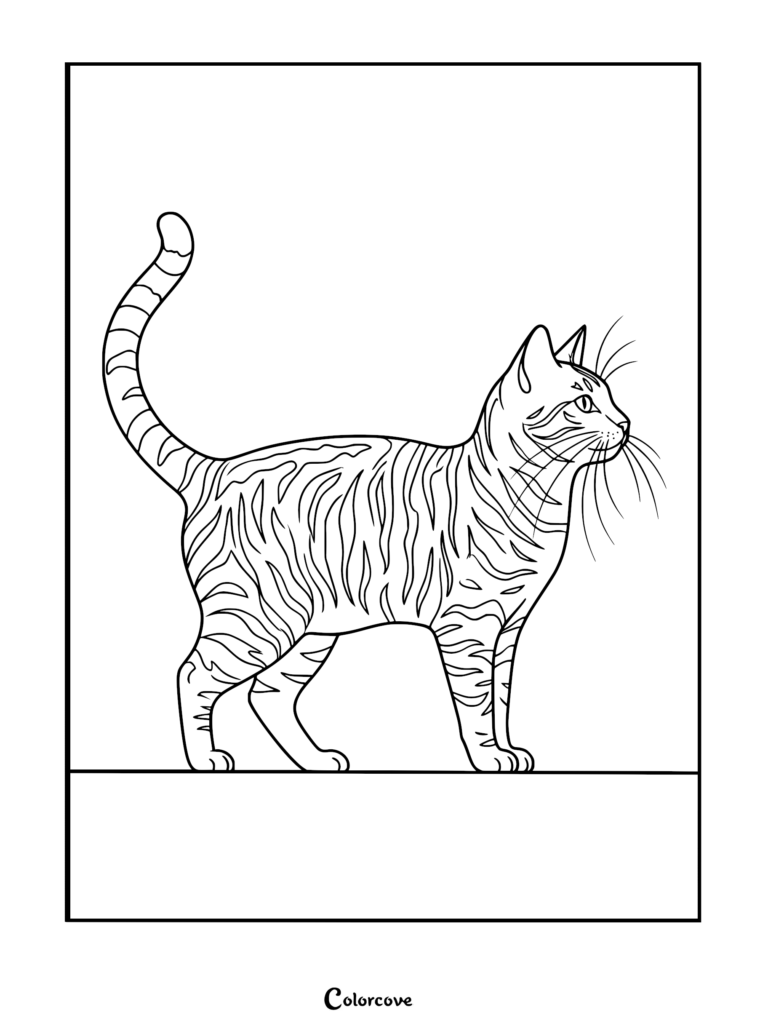 A detailed coloring page featuring a standing ginger cat with prominent tiger-like stripes and a long, curved tail.