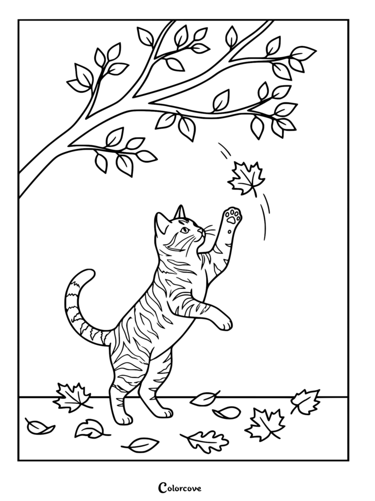 A ginger tabby cat standing on hind legs reaching for a falling maple leaf under a tree, printable coloring page.