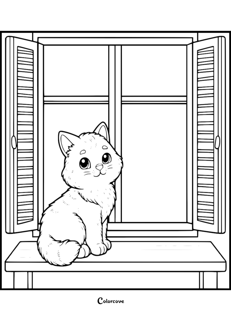 A cute ginger cat with large eyes sitting on a wooden window sill in front of open shutters, printable coloring page.