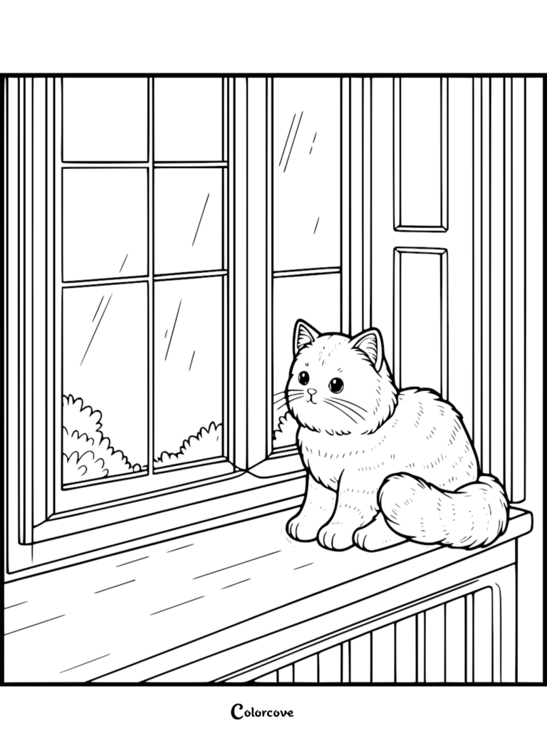 A fluffy ginger cat sitting on a wooden window sill looking outside, printable coloring page with clean line art.