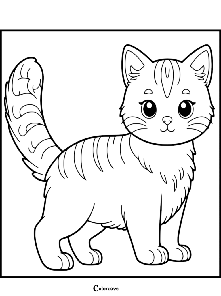 A cute tabby kitten with large eyes and a striped tail standing in a simple line art coloring page style.