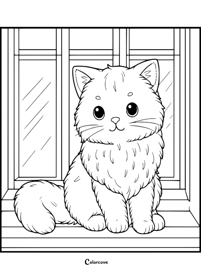A fluffy ginger cat sitting on a windowsill, detailed line art coloring page for kids.