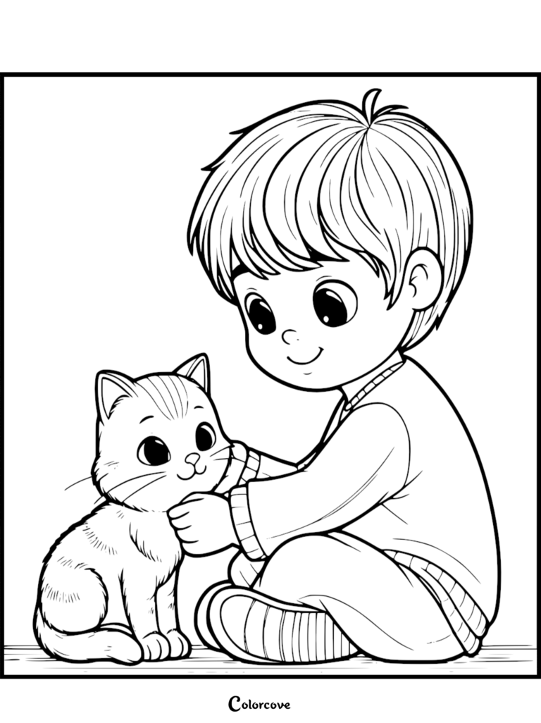 A young boy with short hair sitting on the floor and gently petting a small ginger cat in this printable coloring page.
