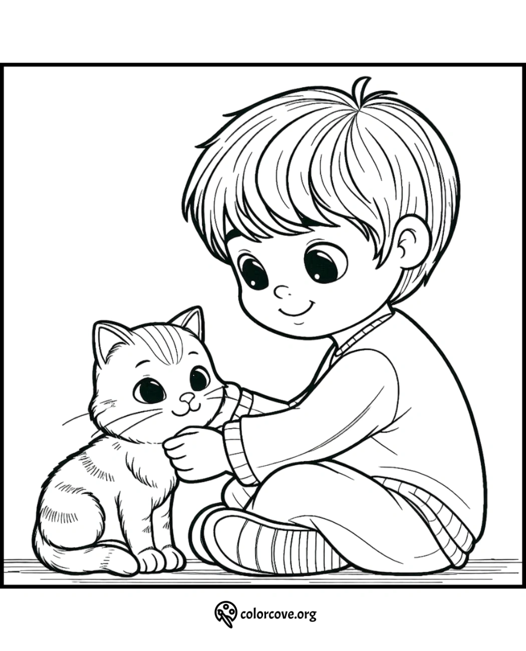 a cartoon of a boy petting a cat