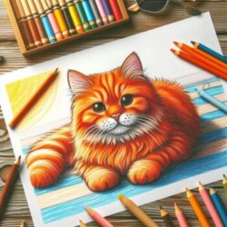 a drawing of a cat on a table with colored pencils