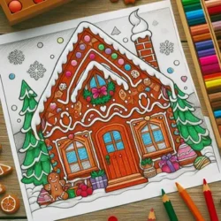 Colorful gingerbread house coloring page with candy, trees, and holiday decorations. Perfect for festive creativity.