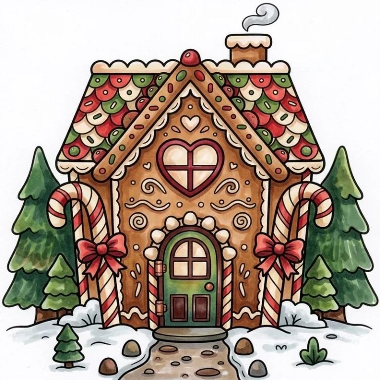 Colored gingerbread house coloring page with candy canes and pine trees