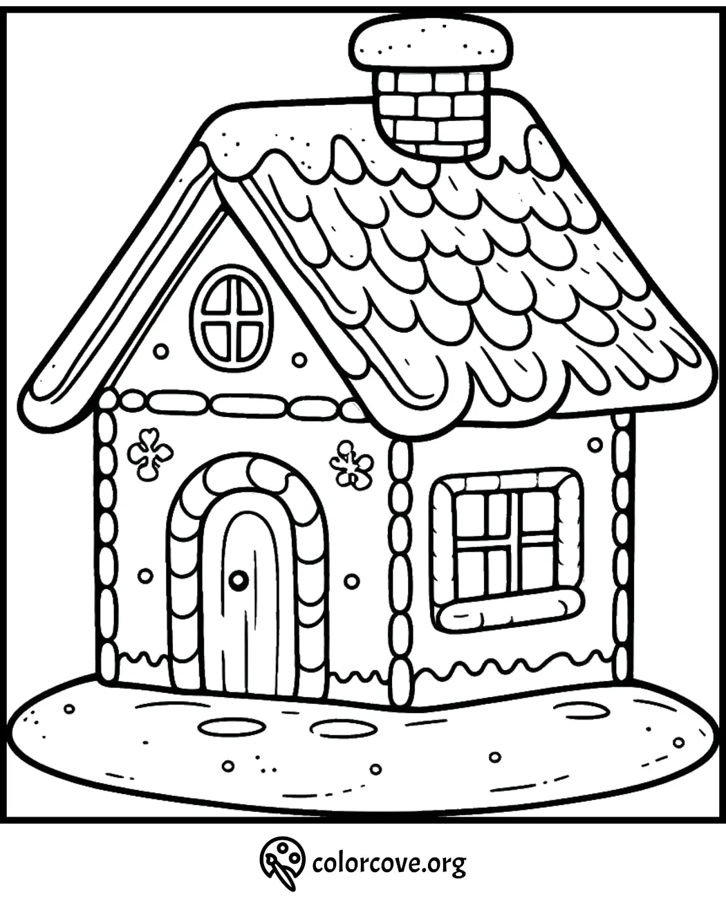 Cottage coloring page with chimney and floral decorations, ideal for kids' creative fun and art activities.