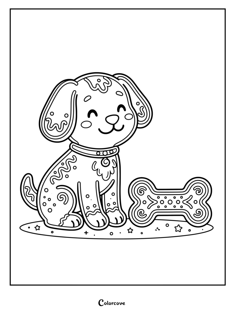 Lindo dibujo para colorear de Pan De Jengibre con un cachorro decorado como una galleta con un hueso