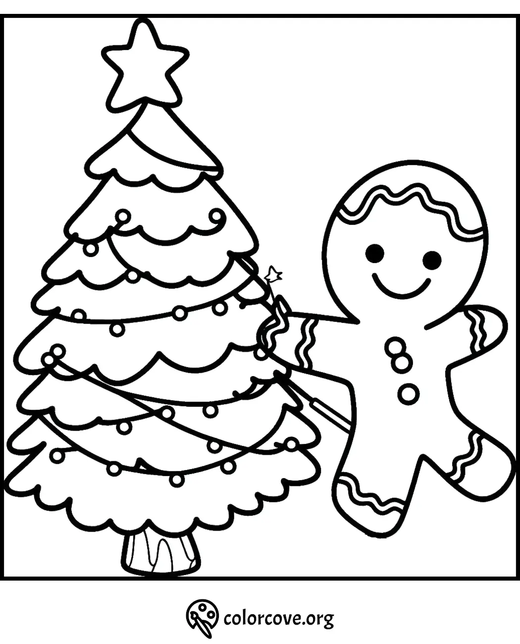 Gingerbread person with Christmas tree coloring page, featuring a decorated tree with a star.