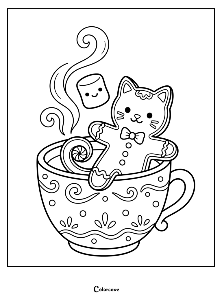 Dibujo imprimible para colorear de un gato de galleta de Pan De Jengibre relajándose en una taza de chocolate caliente con un malvavisco.