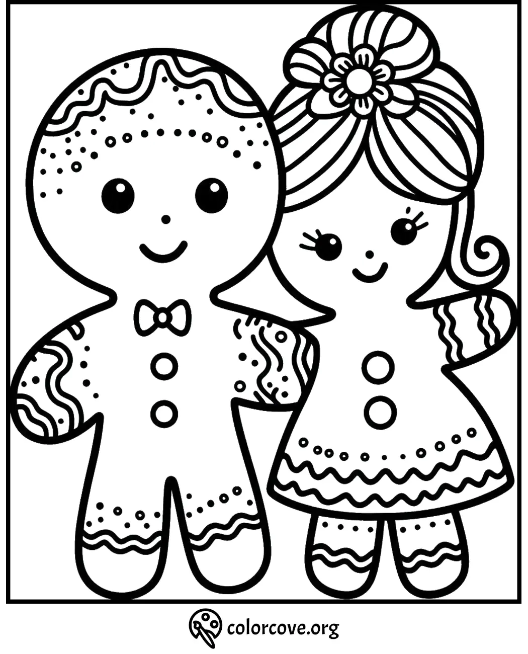 Gingerbread couple coloring page with decorative icing patterns, perfect for holiday crafts and creative fun.