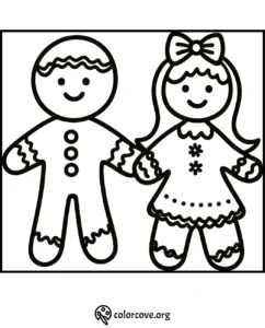 Coloring page featuring gingerbread boy and girl holding hands, perfect holiday fun for kids.