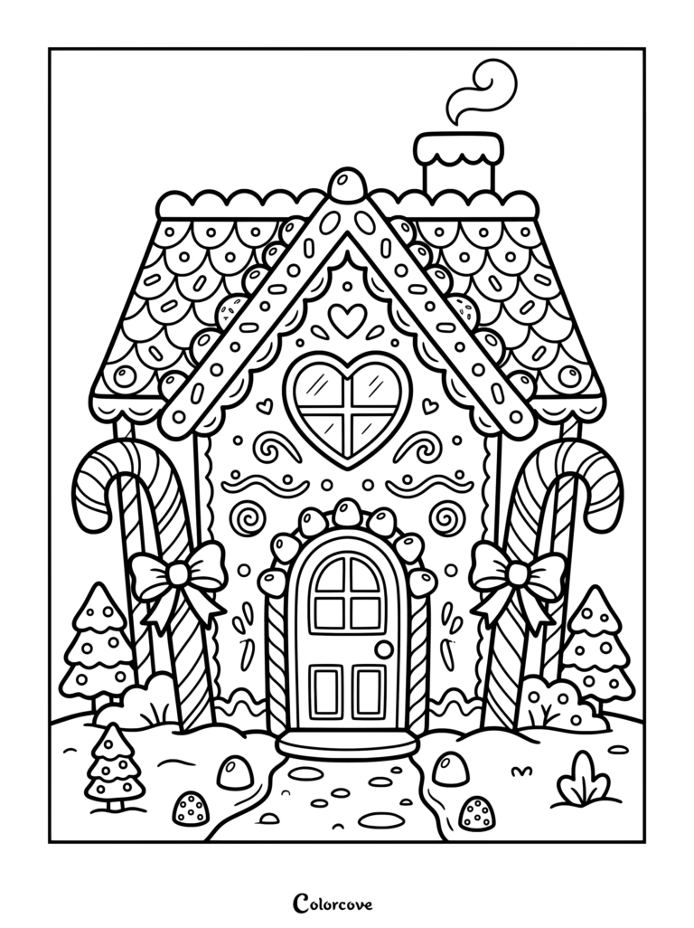 Detallado dibujo para colorear de Pan De Jengibre que presenta una casa de bastones de caramelo con tejado escarchado y una ventana en forma de corazón.