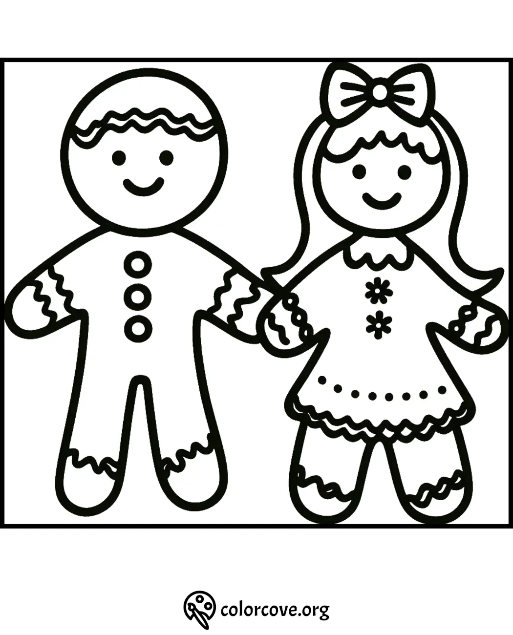 Coloring page featuring gingerbread boy and girl holding hands, perfect holiday fun for kids.