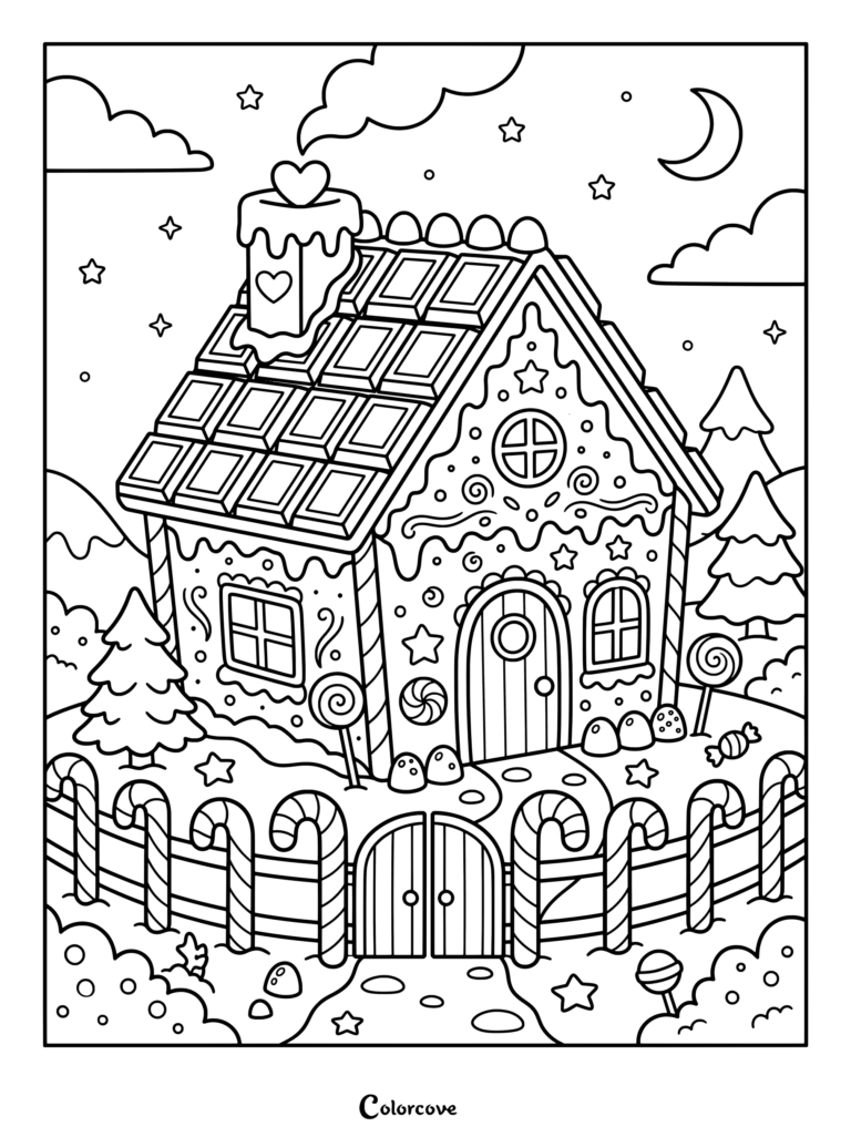 Encantador dibujo para colorear de una casa de Pan De Jengibre con tejado de tejas de chocolate, valla de bastones de caramelo, piruletas y un cielo nocturno estrellado.