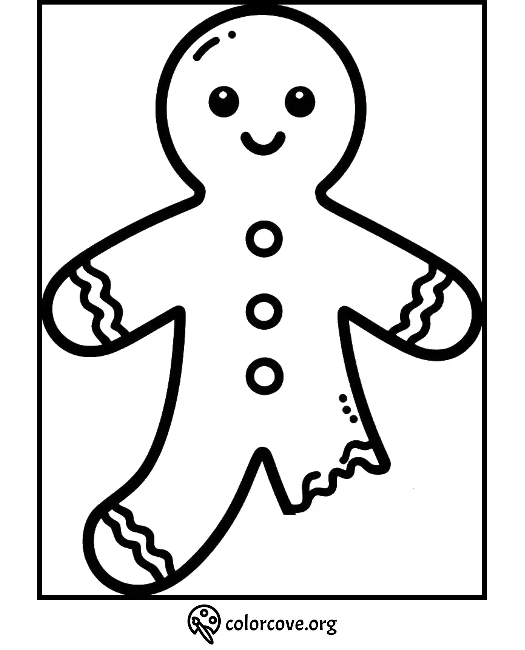 Gingerbread man coloring page with a bitten leg for kids' festive holiday activities.