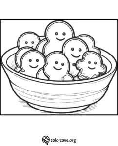 Smiling gingerbread cookies in a bowl coloring page, perfect for holiday fun and creativity.