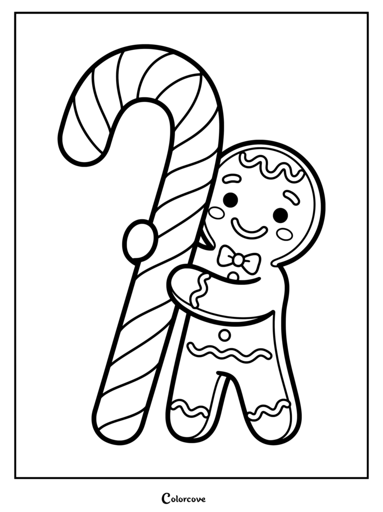 Una linda galleta de Pan De Jengibre abrazando un gran bastón de caramelo en este encantador dibujo navideño para colorear.