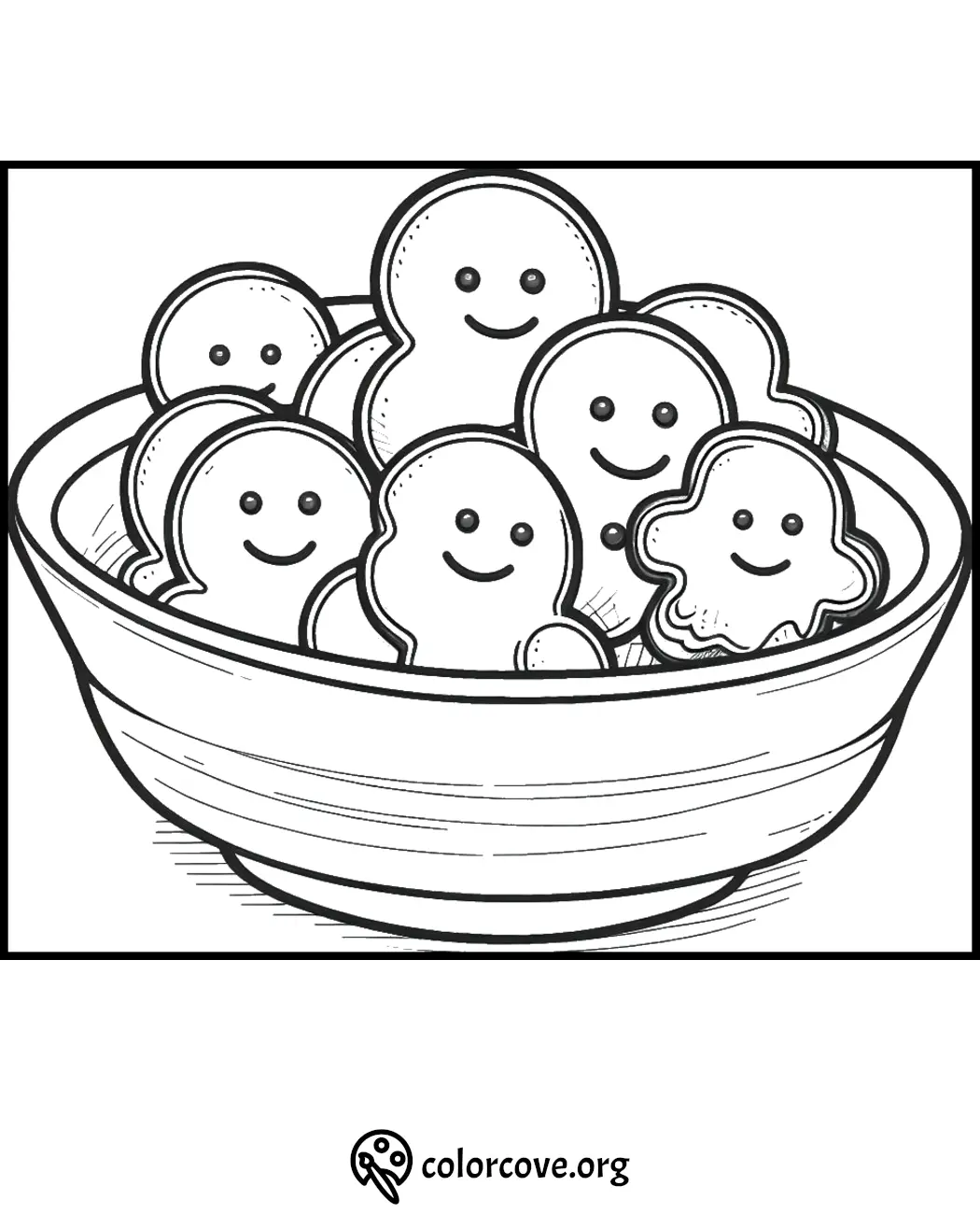 Smiling gingerbread cookies in a bowl coloring page, perfect for holiday fun and creativity.