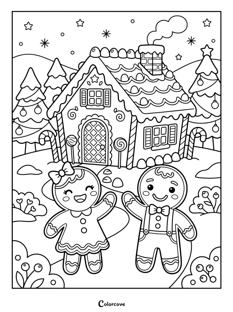 Un niño y una niña de Pan De Jengibre sonrientes saludando frente a una casa decorada con caramelos en un dibujo de invierno para colorear.