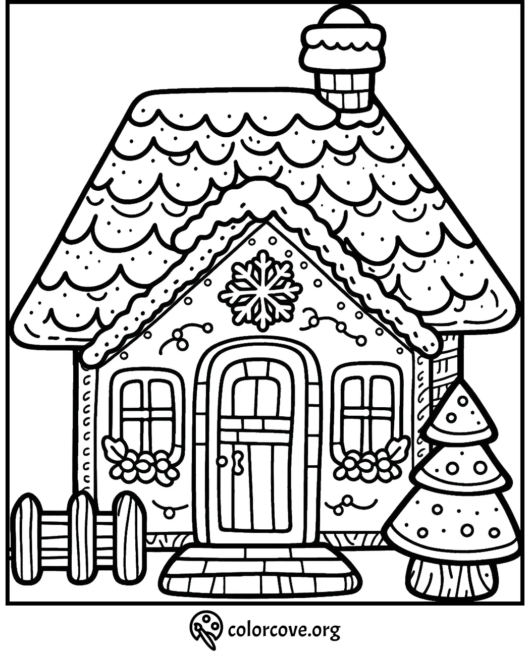 Christmas gingerbread house coloring page with snow, decorations, and tree. Perfect for holiday creative fun.