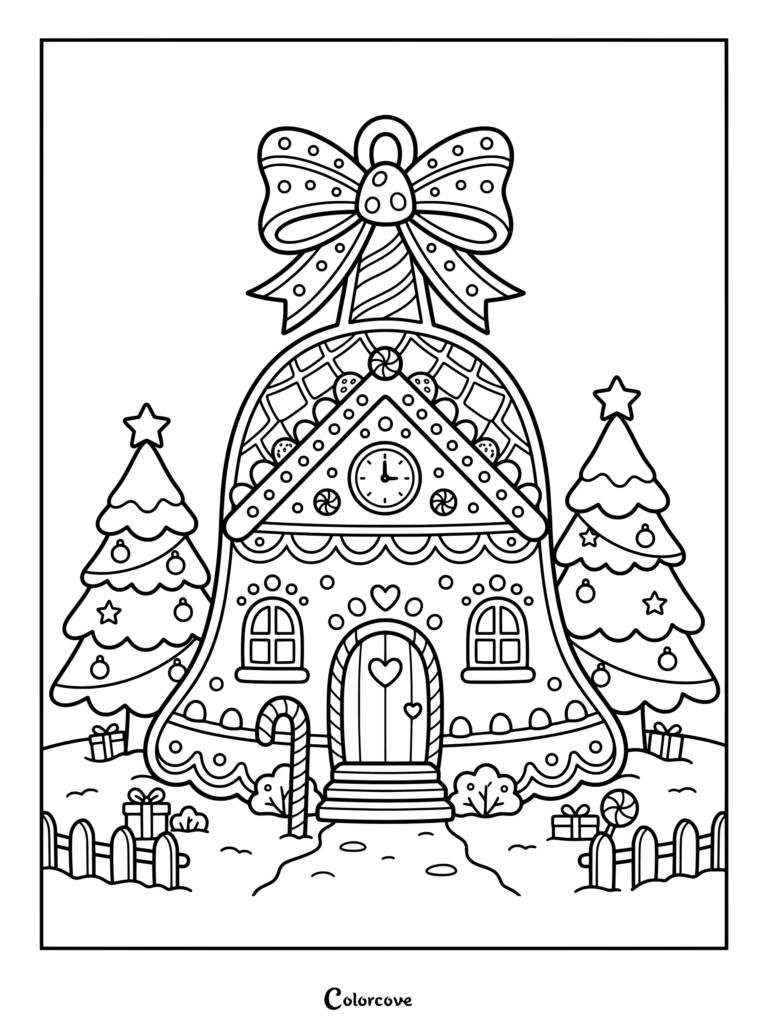 Un detallado dibujo para colorear de Pan De Jengibre que presenta una casa con forma de campana decorada con caramelos, flanqueada por dos árboles de Navidad y regalos envueltos.