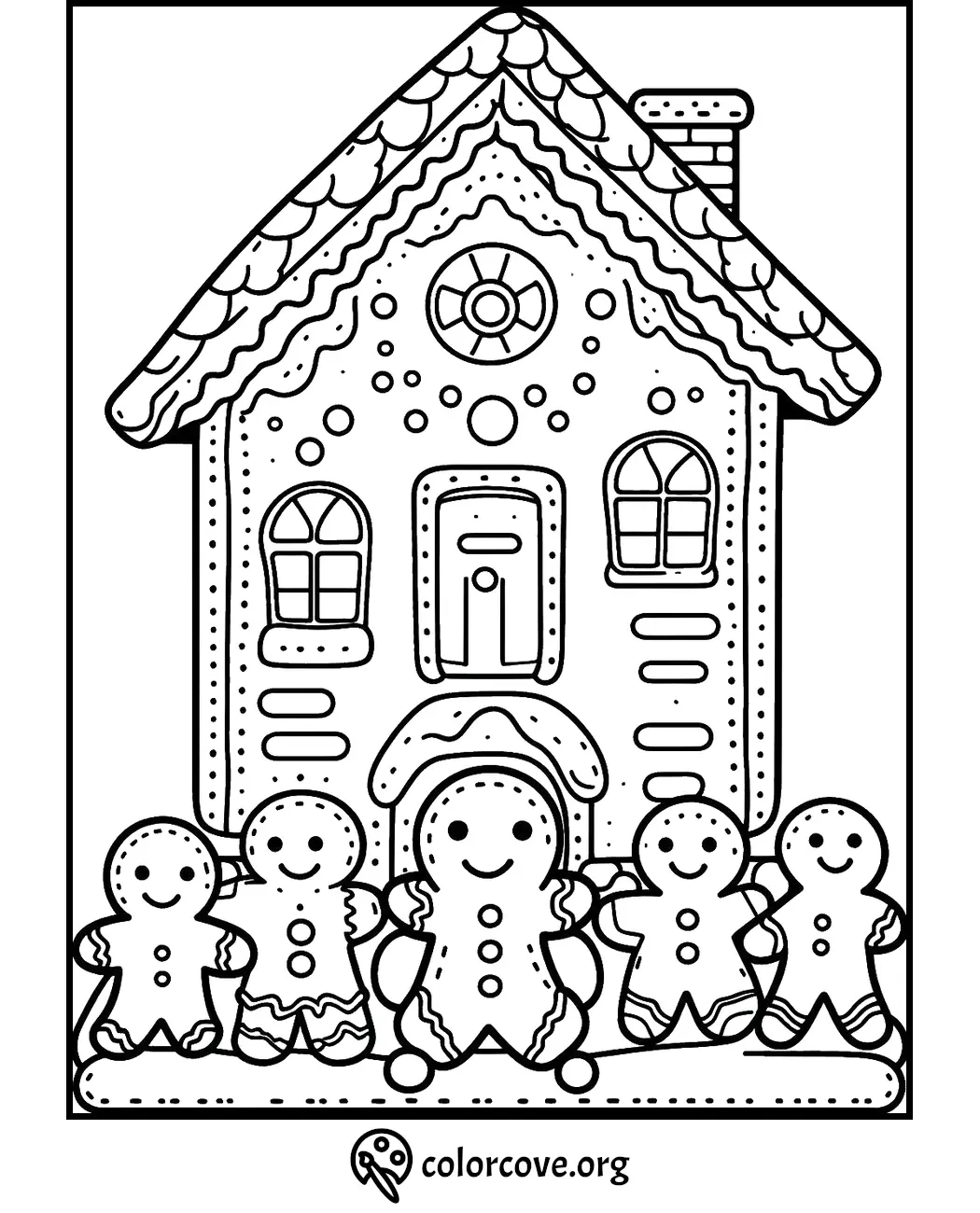 Gingerbread house with smiling gingerbread people coloring page, perfect for holiday creativity and fun.