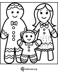 Gingerbread family coloring page with three characters, perfect for holiday crafts and kids' activities.