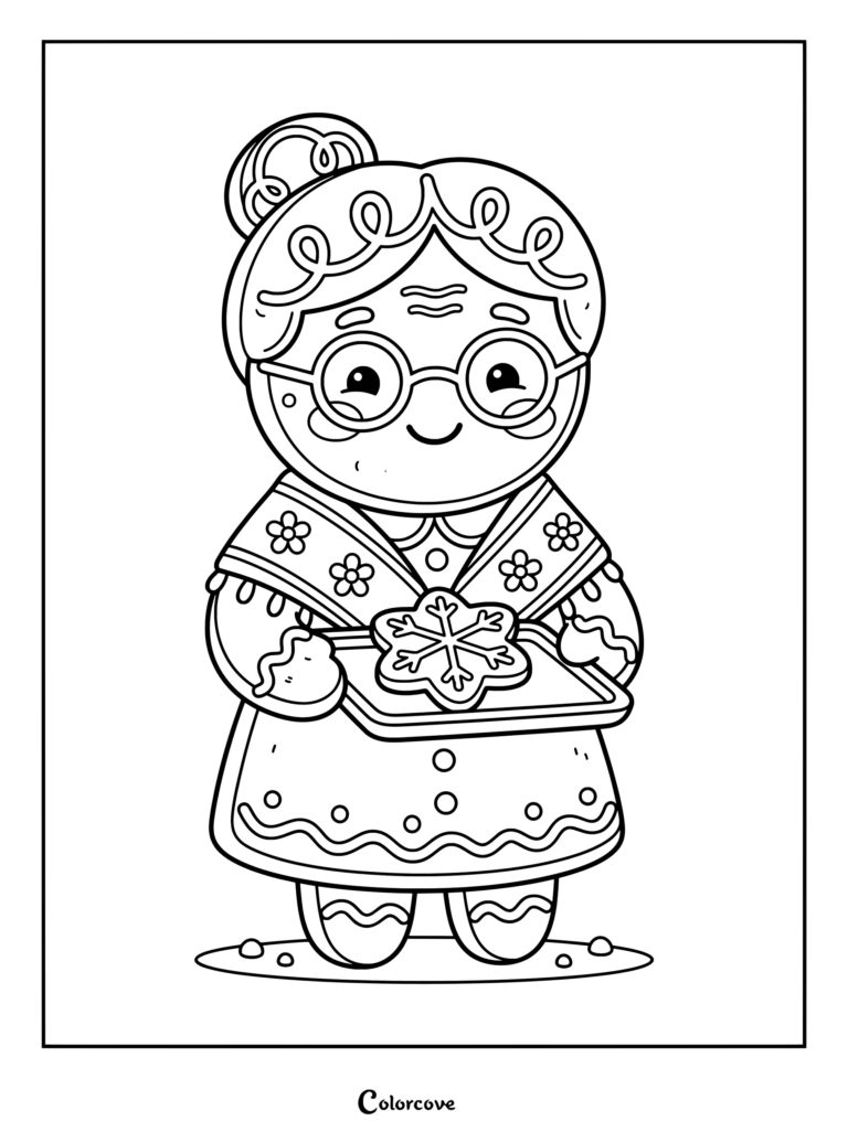 Dibujo para colorear de una abuela de Pan De Jengibre con gafas redondas y sosteniendo una bandeja con una galleta de copo de nieve