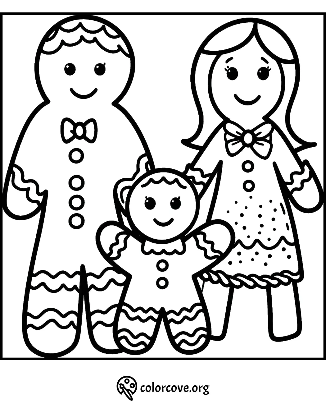 Gingerbread family coloring page with three characters, perfect for holiday crafts and kids' activities.