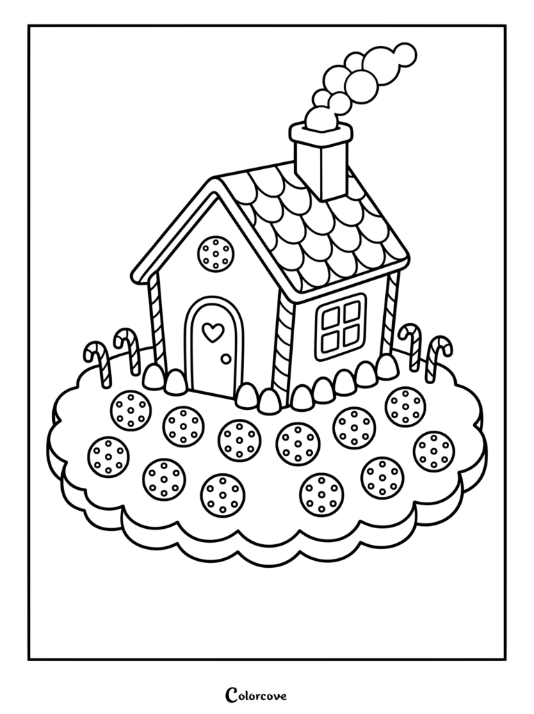Detallado dibujo para colorear de Pan De Jengibre que presenta una casa decorada con caramelos, una chimenea y un jardín decorado.
