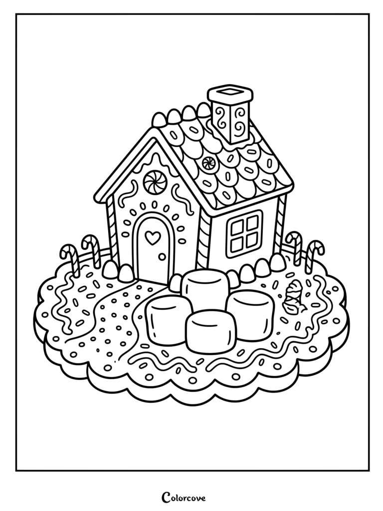Un intrincado dibujo para colorear de Pan De Jengibre que presenta una casa decorada con caramelos y detalles de malvavisco.