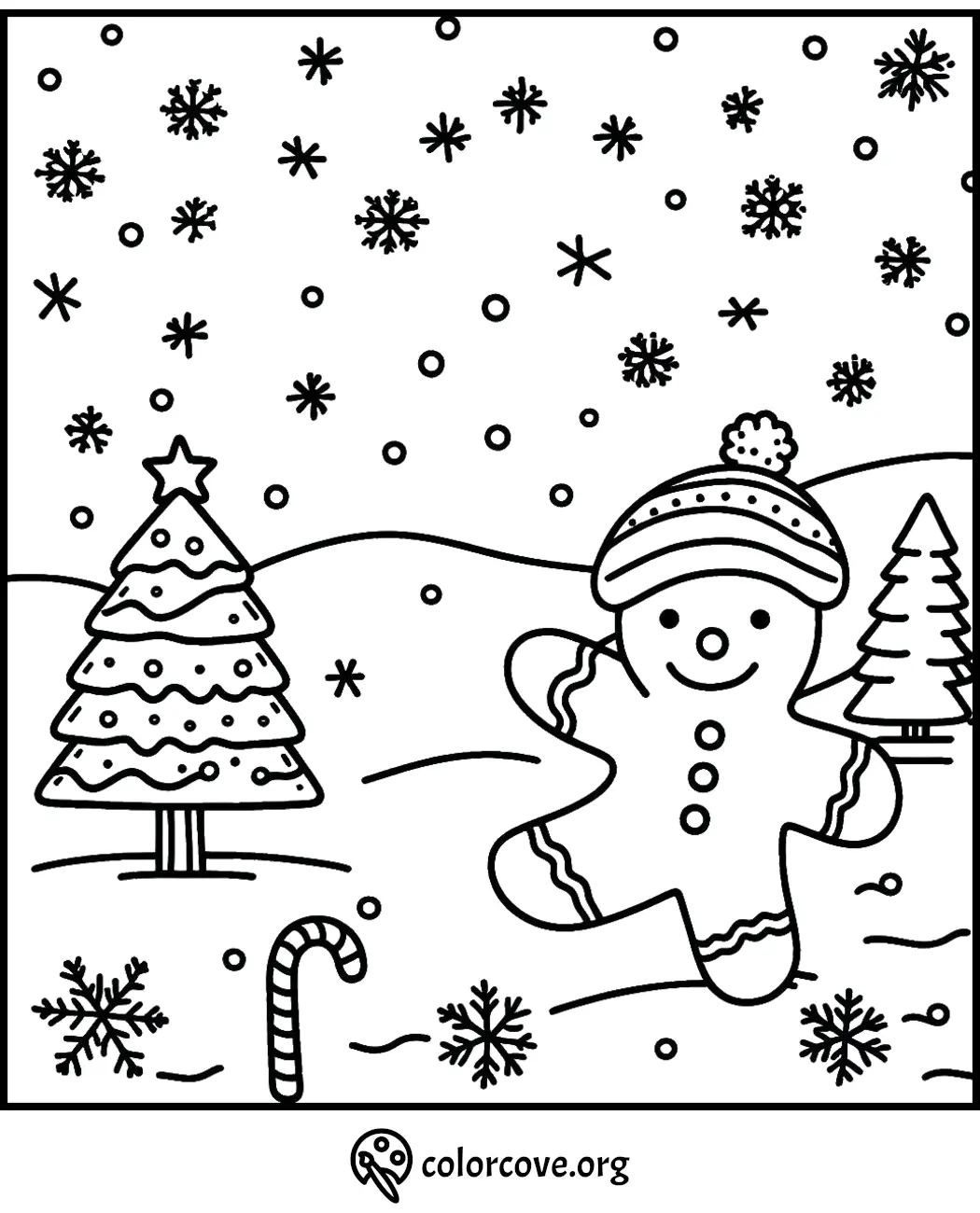 Gingerbread man with winter hat in snowy Christmas scene, surrounded by trees and candy cane. Coloring page.