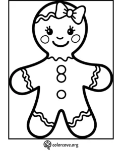 Gingerbread girl coloring page with a bow and buttons, ideal for kids' holiday crafts and activities.