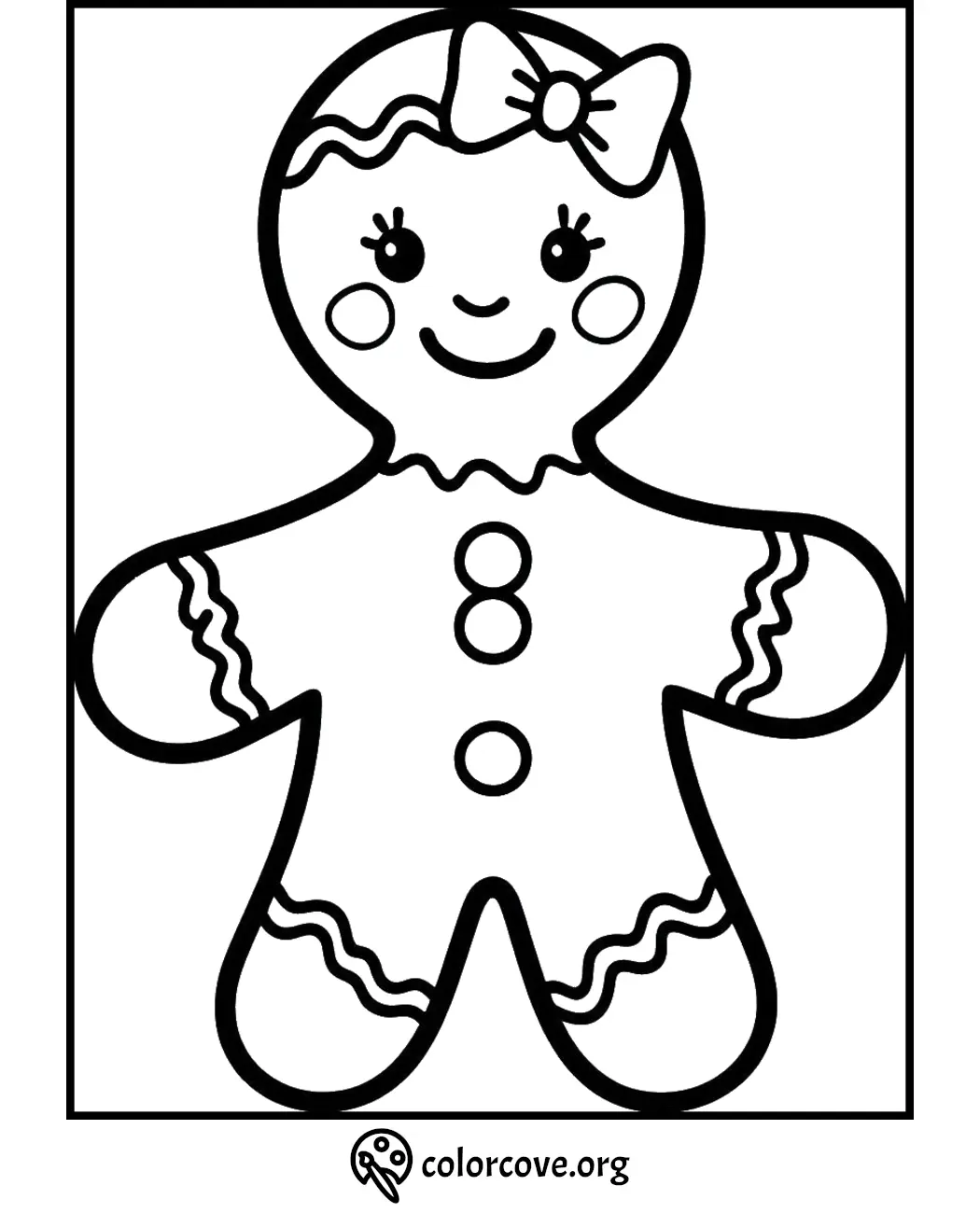 Gingerbread girl coloring page with a bow and buttons, ideal for kids' holiday crafts and activities.