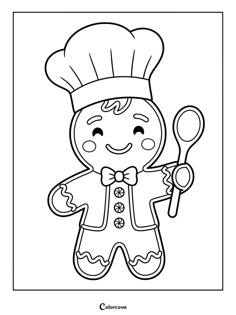 Dibujo para colorear de Pan De Jengibre que presenta a un personaje de chef sonriente con un gran sombrero y pajarita mientras sostiene una cuchara de madera.