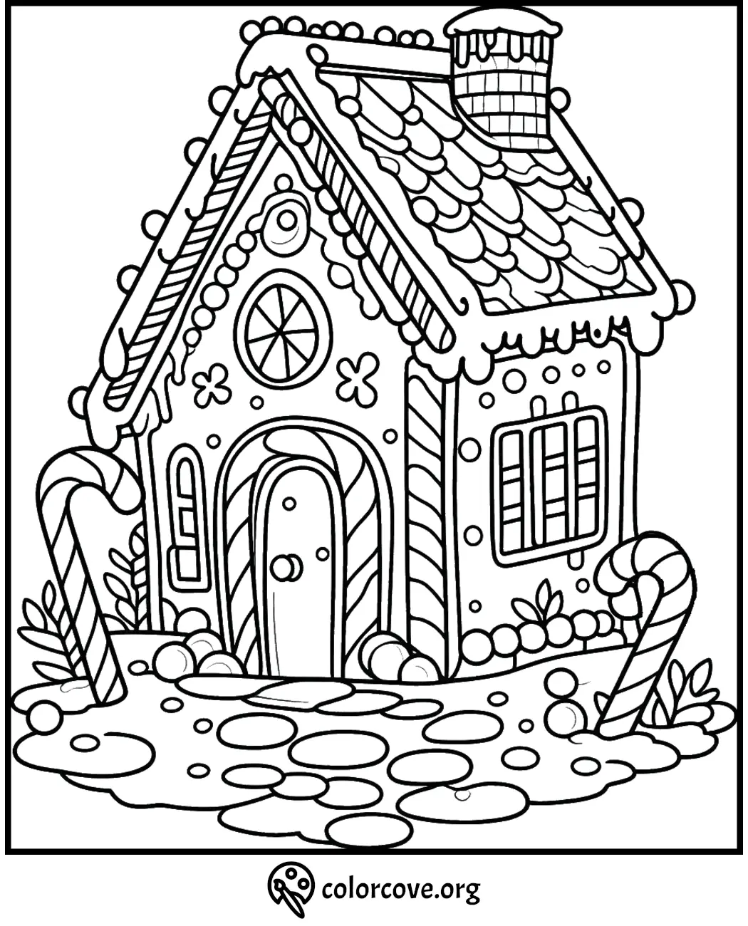 Gingerbread house coloring page with candy canes and icing decorations, perfect for holiday-themed activities.