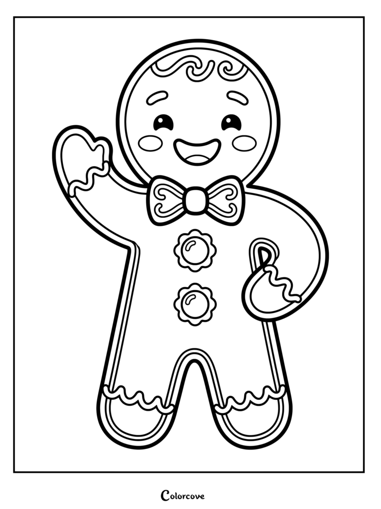 Dibujo para colorear de un amigable muñeco de Pan De Jengibre saludando, con una pajarita y detalles de glaseado.