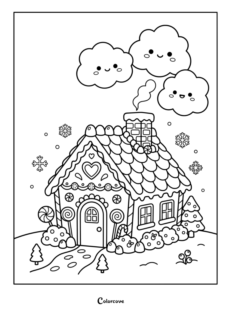 Encantador dibujo para colorear de una casa de Pan De Jengibre con un tejado decorado con caramelos, piruletas y nubes sonrientes.