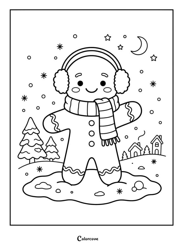 Un alegre dibujo para colorear de Pan De Jengibre que presenta a un personaje con orejeras y una bufanda a rayas en una escena de pueblo nevado.