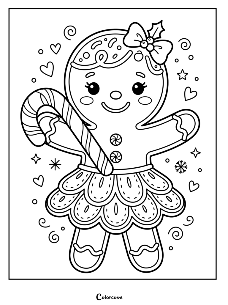 festive gingerbread girl holds a candy cane.