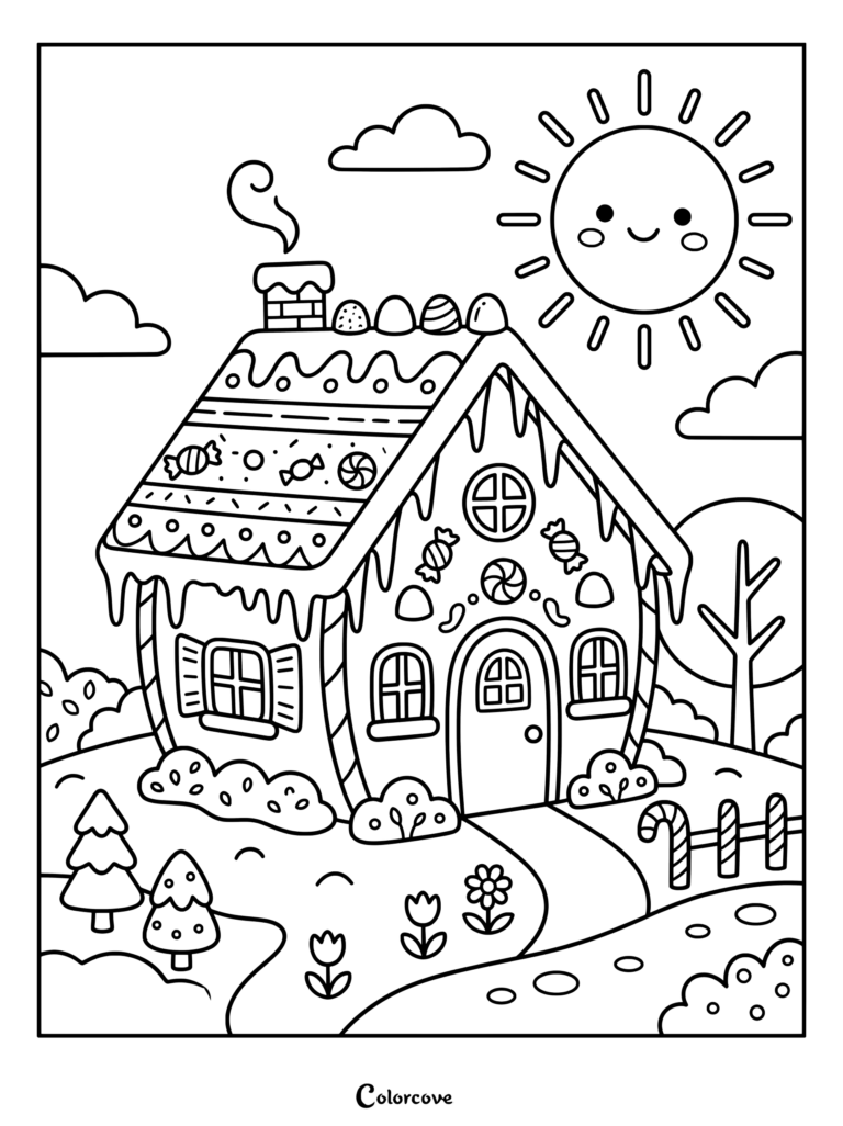 Un dulce dibujo para colorear de una casa de Pan De Jengibre con tejados de glaseado, bastones de caramelo y un sol sonriente.