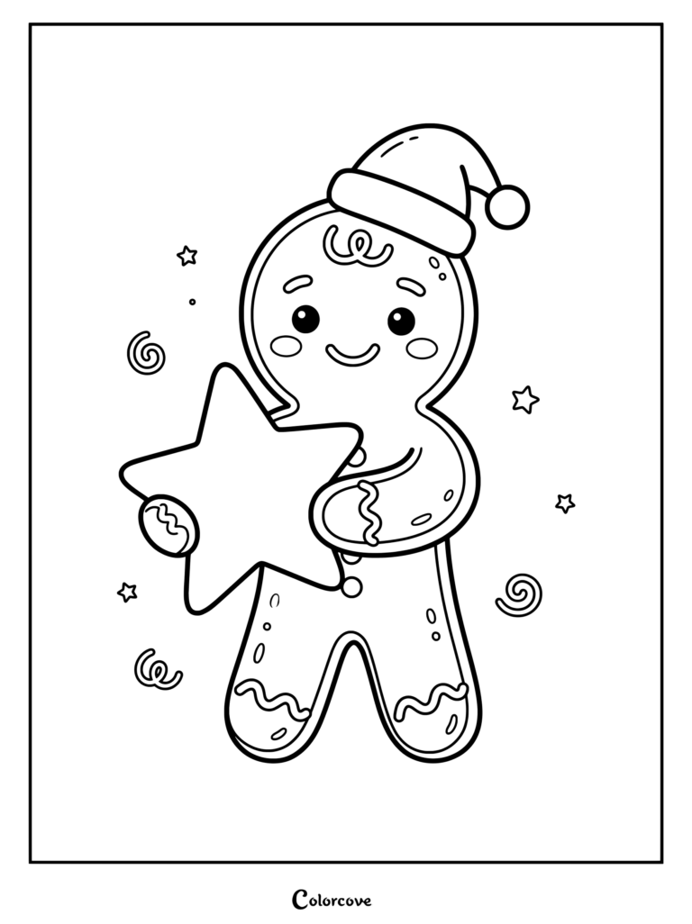 Un lindo dibujo para colorear de Pan De Jengibre que presenta a un personaje feliz con un gorro de Papá Noel y sosteniendo una estrella.