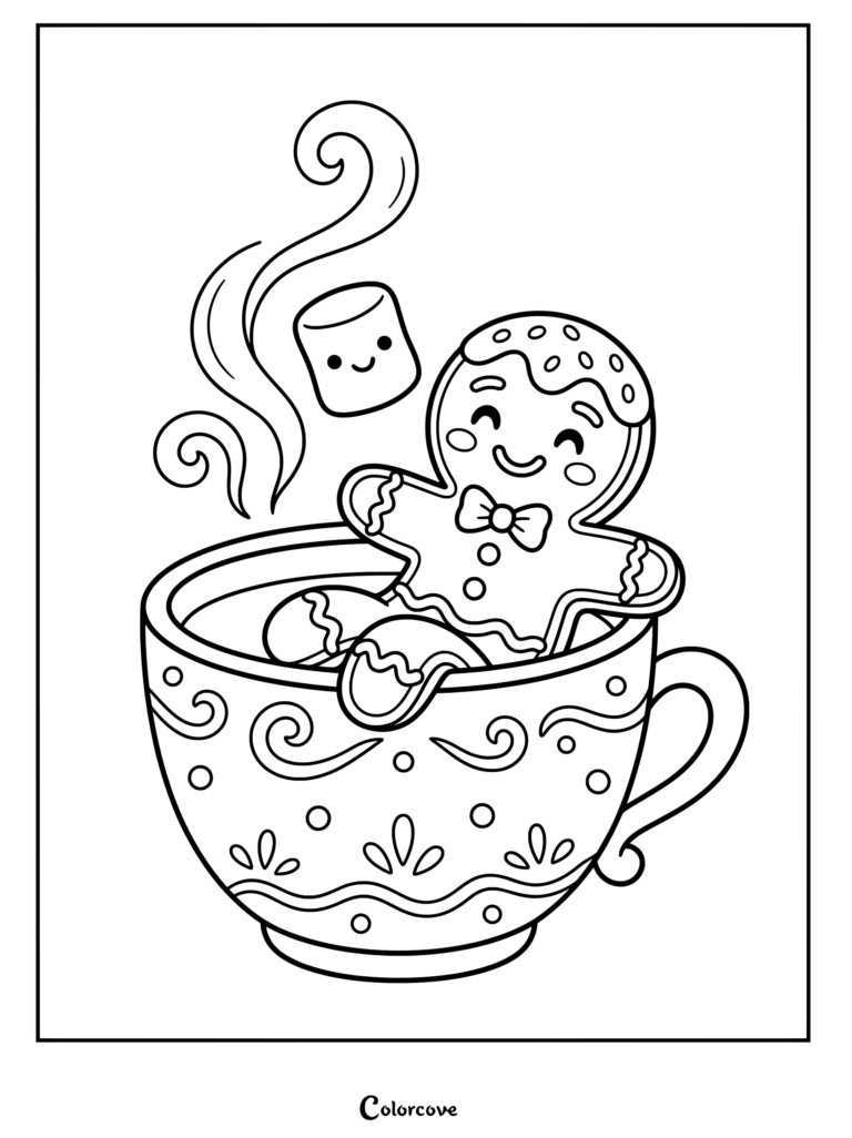 Dibujo para colorear de Pan De Jengibre que presenta a una alegre galleta relajándose en una taza de chocolate caliente con un lindo malvavisco.