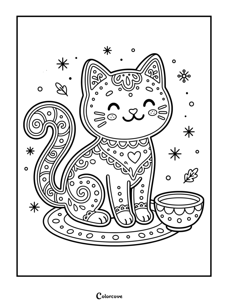 Un decorativo dibujo para colorear de Pan De Jengibre que presenta a un gato con detalles de glaseado y un pequeño cuenco.