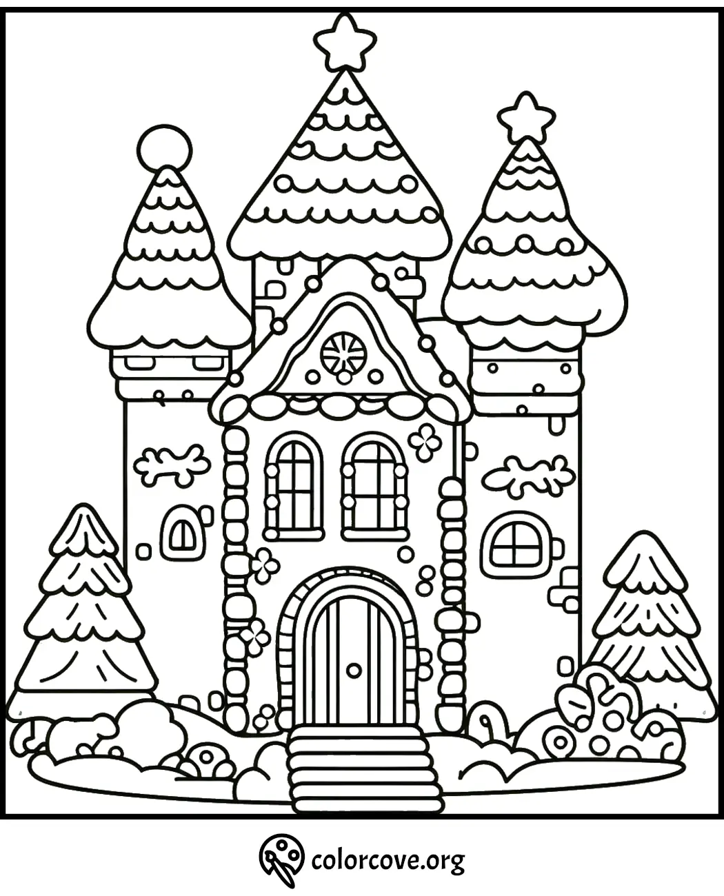 Whimsical gingerbread house coloring page with snowy trees and festive decorations. Perfect for holiday creativity.